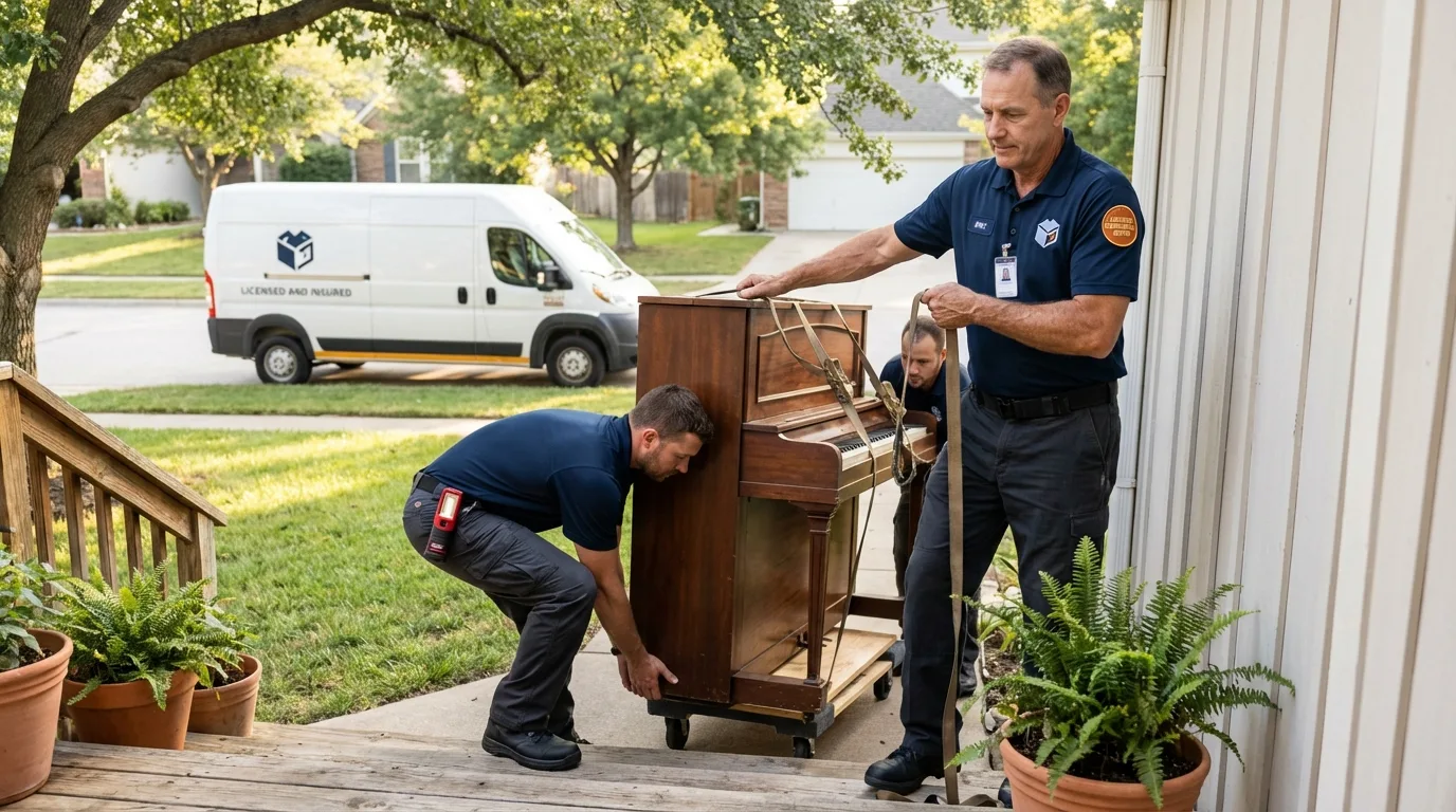 Licensed piano movers securing grand piano in Golden, CO