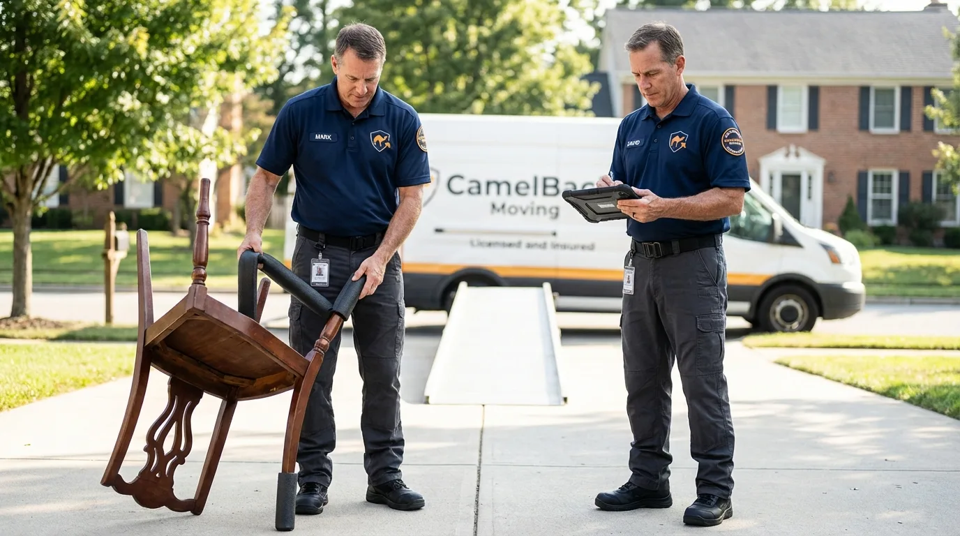 Movers inspecting furniture for damage prevention before loading in Golden, CO