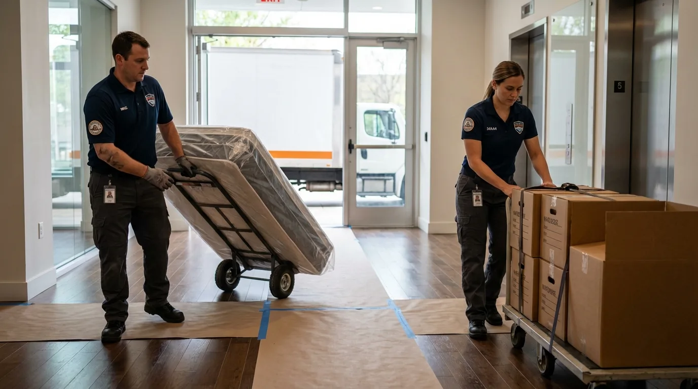 Professional apartment movers loading elevator in Golden, CO