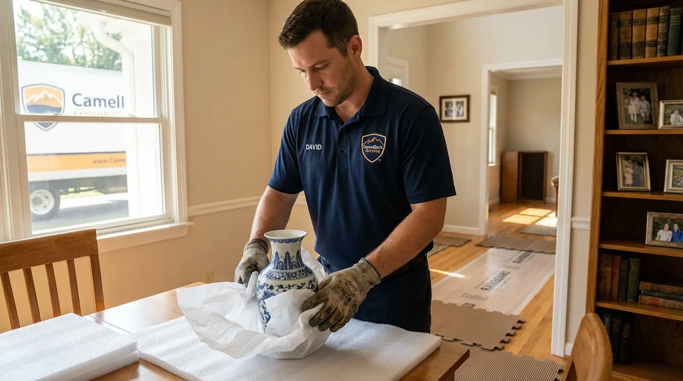 Professional crew carefully wrapping antique vase for senior downsizing move in Golden, CO